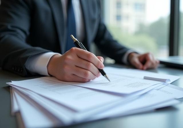 Businessman reviewing a contract with a magnifying glass